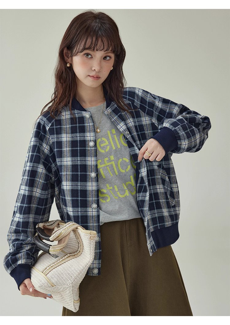 撞色格紋插肩袖摁扣外套女秋季新款長袖外套上衣