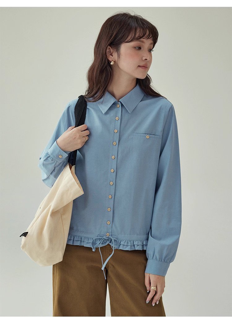 藍色花邊下擺抽繩襯衫女秋季新款單排扣長袖上衣,藍色花邊下擺抽繩襯衫女秋季新款單排扣長袖上衣,HBEW1103,藍色花邊下擺抽繩襯衫女秋季新款單排扣長袖上衣,翻領排扣,天絲混棉