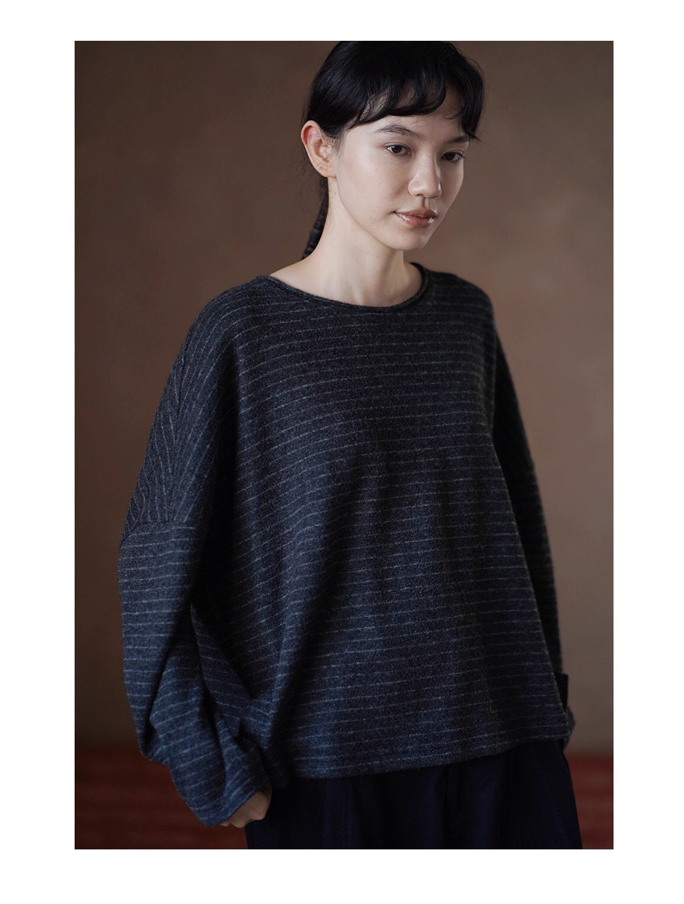 圖紙黑灰白條紋長袖軟糯羊毛混紡基礎寬鬆落肩顯瘦T恤女