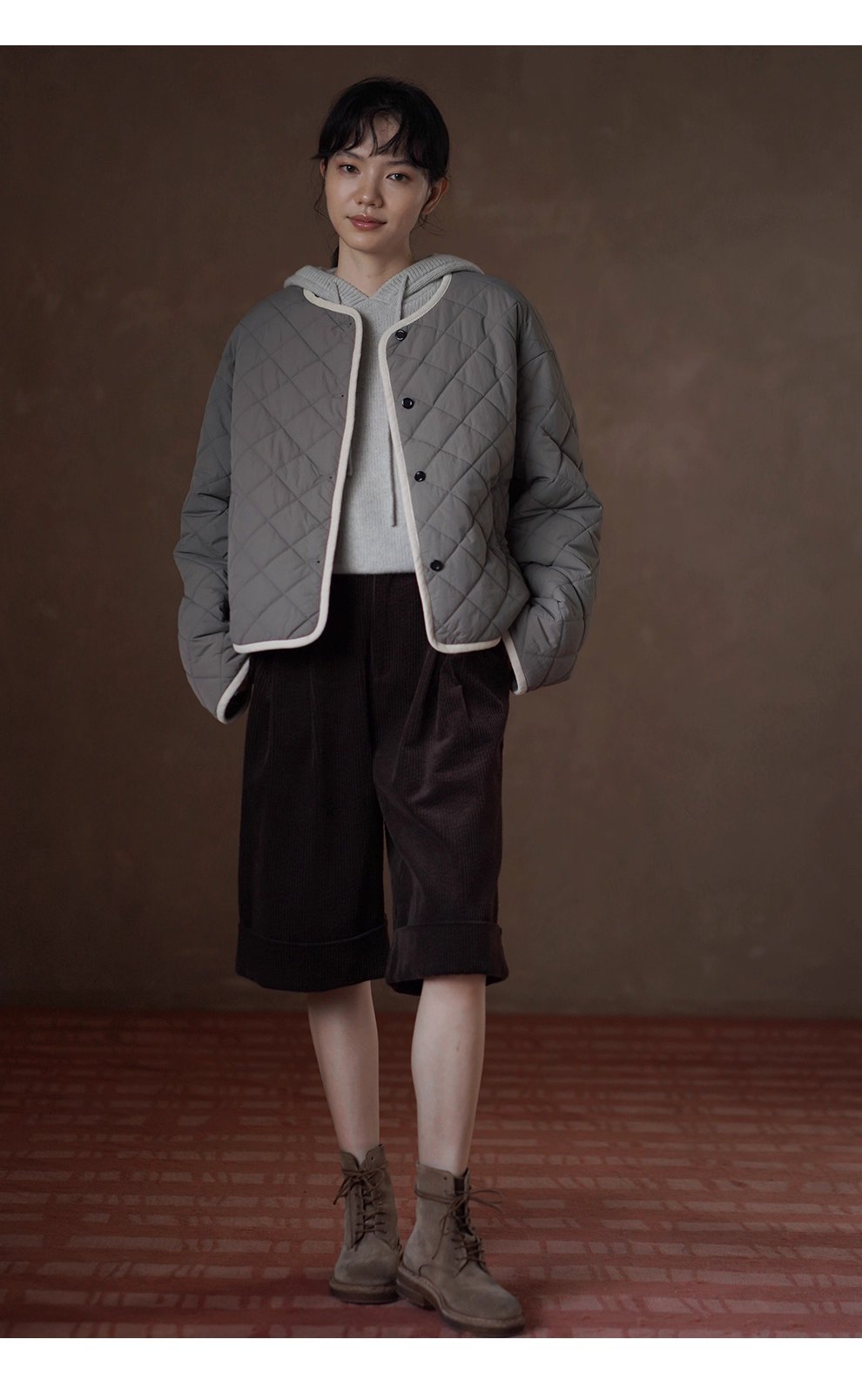撞色燈芯絨包邊顯瘦菱格絎線寬鬆輪廓顯瘦保暖棉質外套