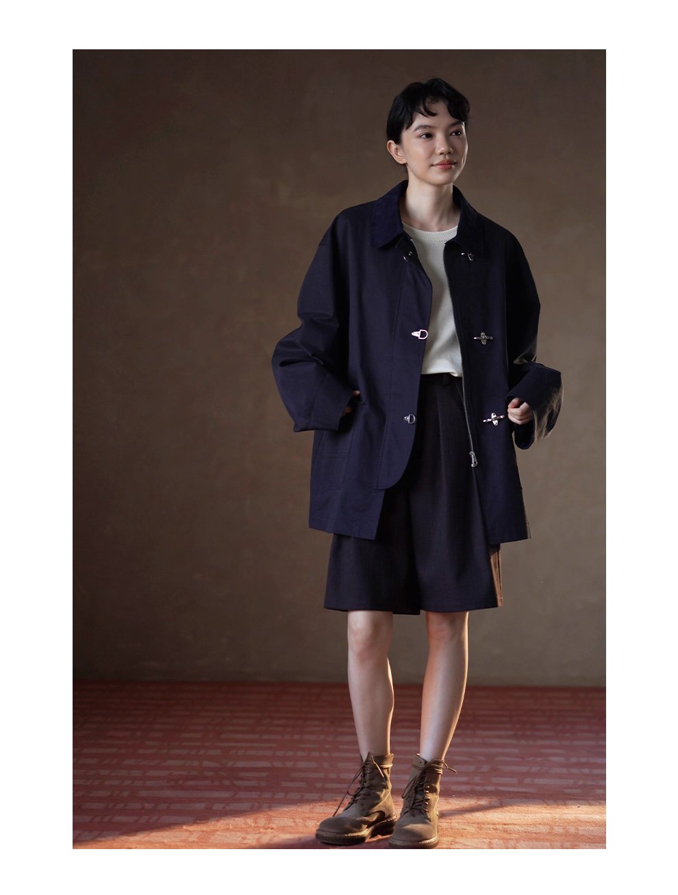 走讀生復古外套小眾飛機扣設計中長款拼接麂皮領口風衣