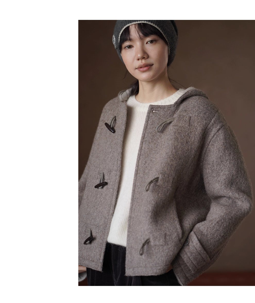 書香學院風外套澳洲進口羊毛駝絨連帽牛角扣短款雙面呢