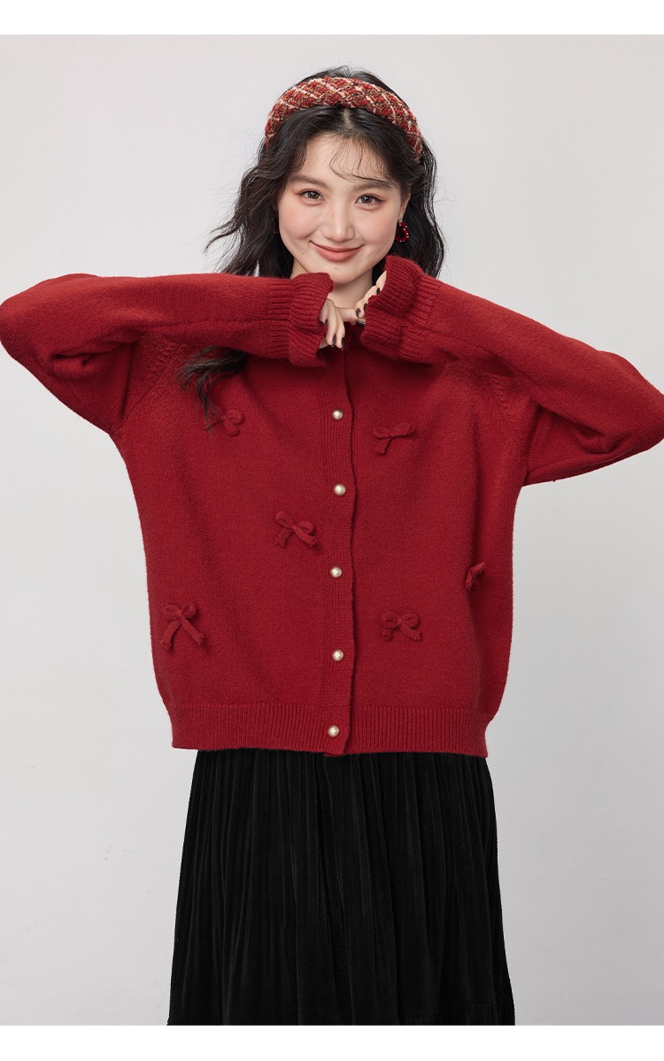 大尺碼胖mm秋冬毛衣開襟外套紅色蝴蝶結針織衫上衣