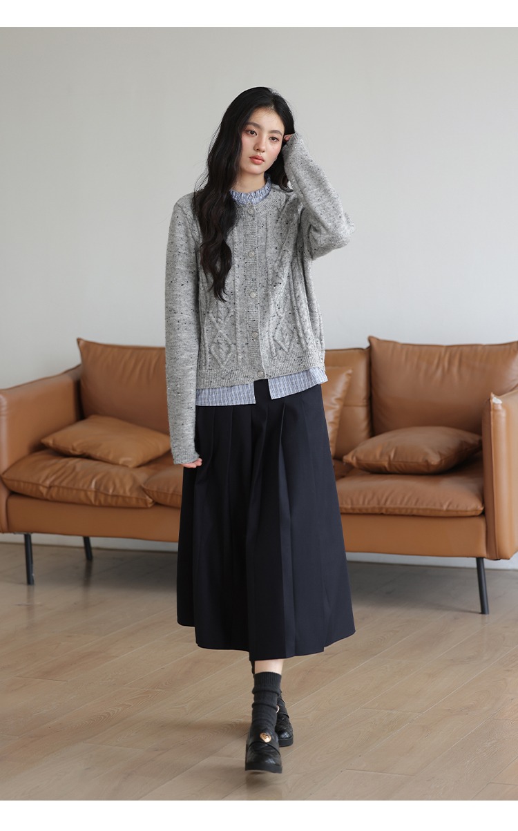 秋冬灰色毛衣開襟衫女拼接格子襯衫假兩件針織衫