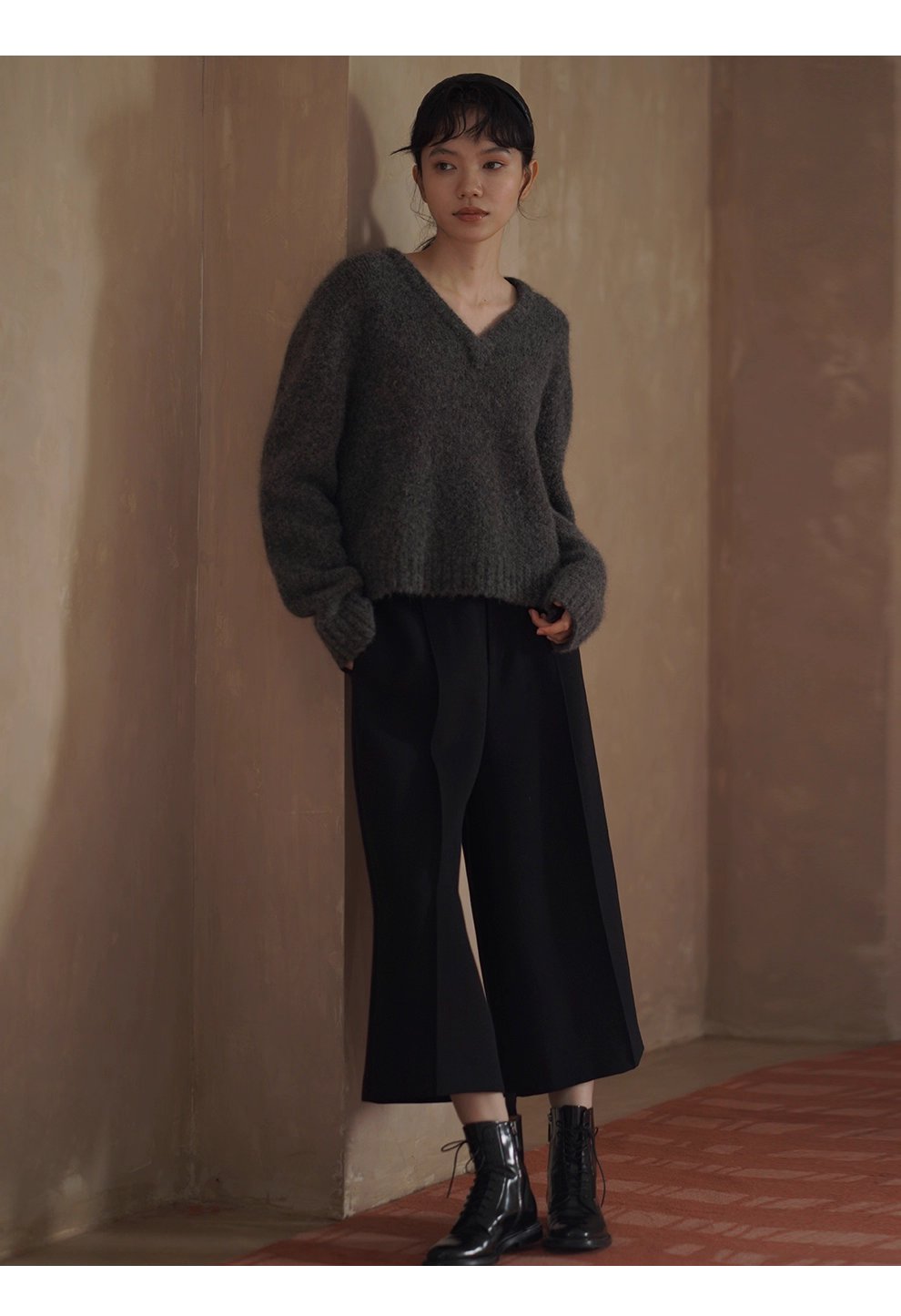 溫柔蓬鬆雜花灰毛衣馬海毛綿羊毛混紡寬鬆V領落肩上衣女