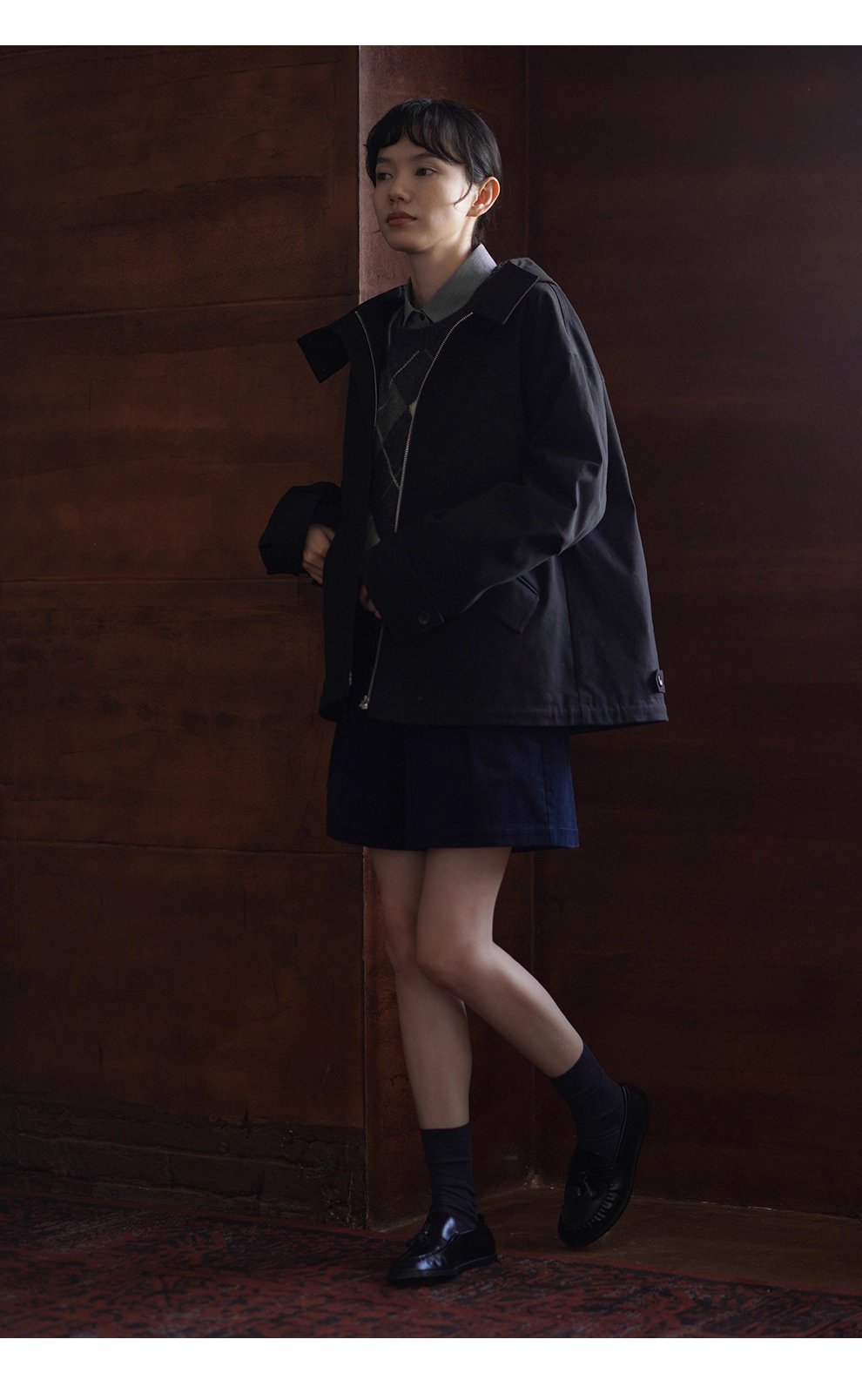 英倫學院撞色格紋連帽搖粒絨內裡加厚一手長夾克外套女