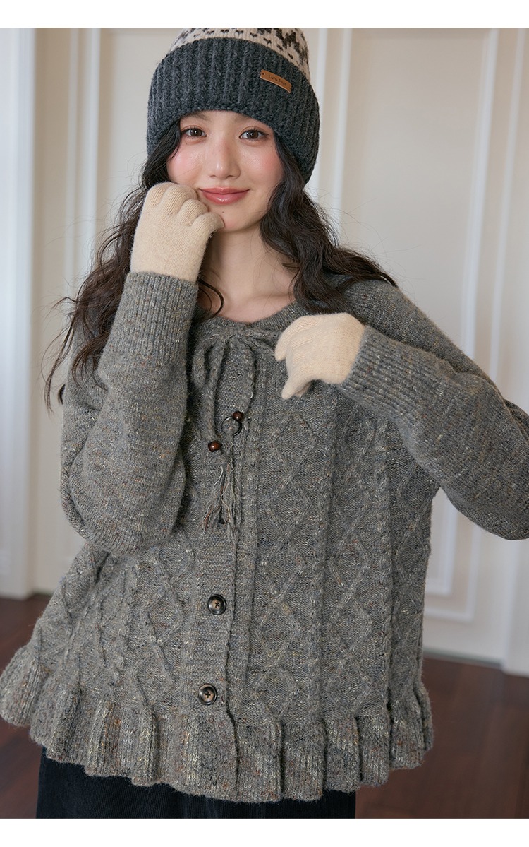 菱格毛衣開襟上衣外套冬季針織衫,菱格毛衣開襟上衣外套冬季針織衫,HBEW1952,菱格毛衣開襟上衣外套冬季針織衫,荷葉滾邊,菱格紋路