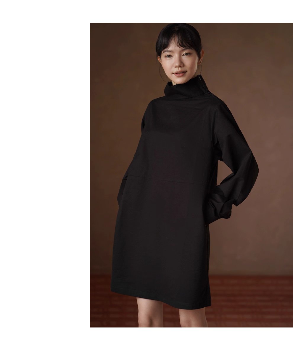 秋冬新款弗里達學院可調式紐扣高領寬鬆100棉連身裙女