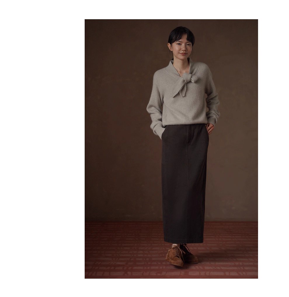 靜謐月光羊毛柔和混紡紗線領結設計感坑條顯瘦寬鬆毛衣