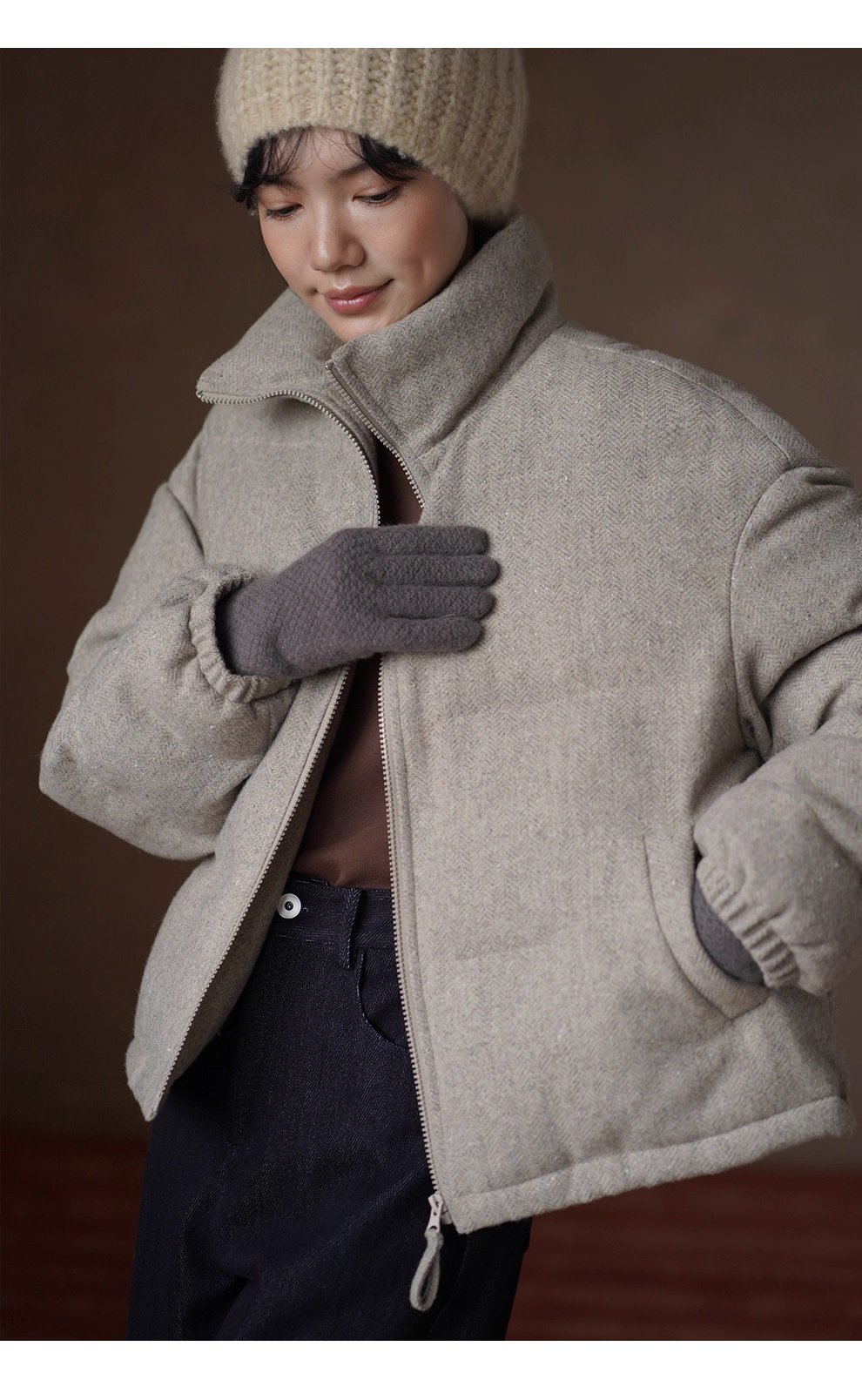 冬日盧森堡保暖外套羊毛夾花人字紋加厚短款休閒棉服女