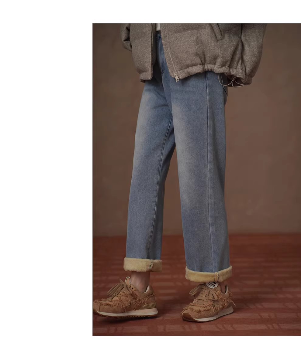 保命牛仔褲高品質水洗牛仔銀狐絨加絨高腰小腳直筒長褲,保命牛仔褲高品質水洗牛仔銀狐絨加絨高腰小腳直筒長褲,HBEW3043,保命牛仔褲高品質水洗牛仔銀狐絨加絨高腰小腳直筒長褲,復古水洗,加絨蓄熱