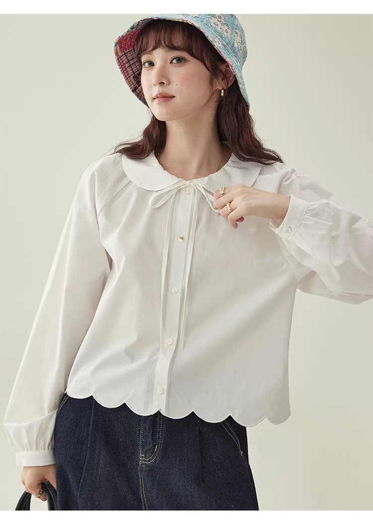 少女感蕾絲娃娃領襯衫女25冬季新款白色長袖上衣,HBEW1142,少女感蕾絲娃娃領襯衫女25冬季新款白色長袖上衣,娃娃領,花瓣衣襬,細節滿分