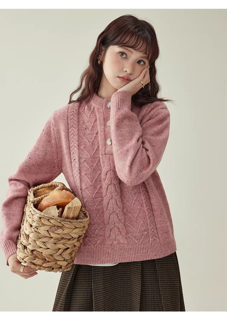 半開領麻花羊毛毛衣女冬季新款甜美彩點長袖上衣,半開領麻花羊毛毛衣女冬季新款甜美彩點長袖上衣,HBEW5106,半開領麻花羊毛毛衣女冬季新款甜美彩點長袖上衣,半開排扣,麻花針織