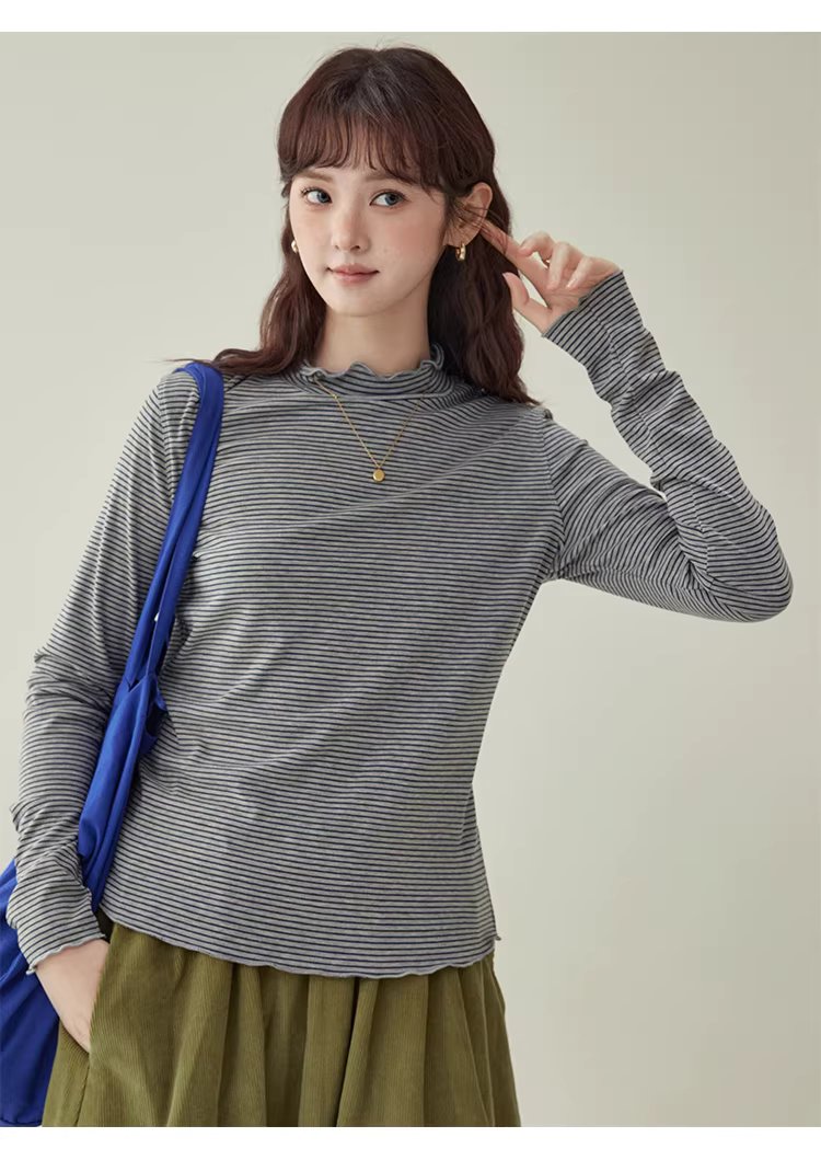 花邊半高領內搭T恤女冬季新款百搭條紋長袖上衣,花邊半高領內搭T恤女冬季新款百搭條紋長袖上衣,HBEW1153,花邊半高領內搭T恤女冬季新款百搭條紋長袖上衣,木耳邊,條紋造型