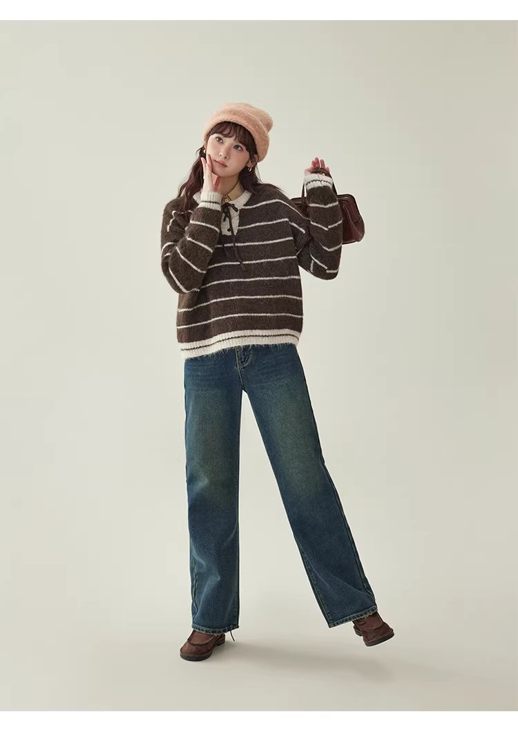 撞色條紋綁帶圓領羊毛毛衣女冬季新款甜美落肩袖上衣,撞色條紋綁帶圓領羊毛毛衣女冬季新款甜美落肩袖上衣,HBEW1155,撞色條紋綁帶圓領羊毛毛衣女冬季新款甜美落肩袖上衣,綁帶衣領,羊毛混紡