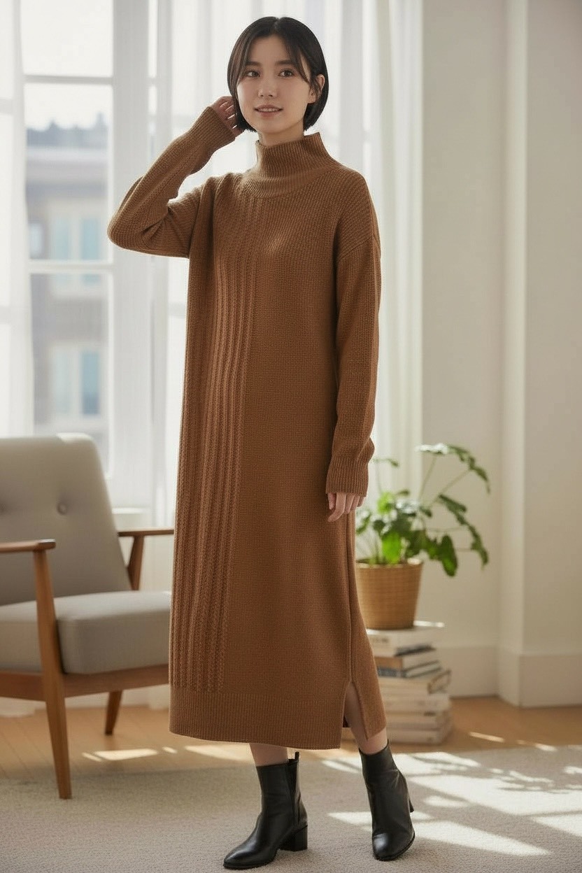 秋冬慵懶半高領長款寬鬆打底毛衣裙過膝針織連身裙,5W167007,秋冬慵懶半高領長款寬鬆打底毛衣裙過膝針織連身裙,修身版型,復古條紋,高領毛衣