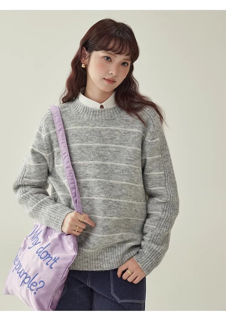 日繫條紋長袖羊毛絨毛衣女冬季新款通勤寬鬆上衣,日繫條紋長袖羊毛絨毛衣女冬季新款通勤寬鬆上衣,HBEW1158,日繫條紋長袖羊毛絨毛衣女冬季新款通勤寬鬆上衣,日系清新,羊毛混紡