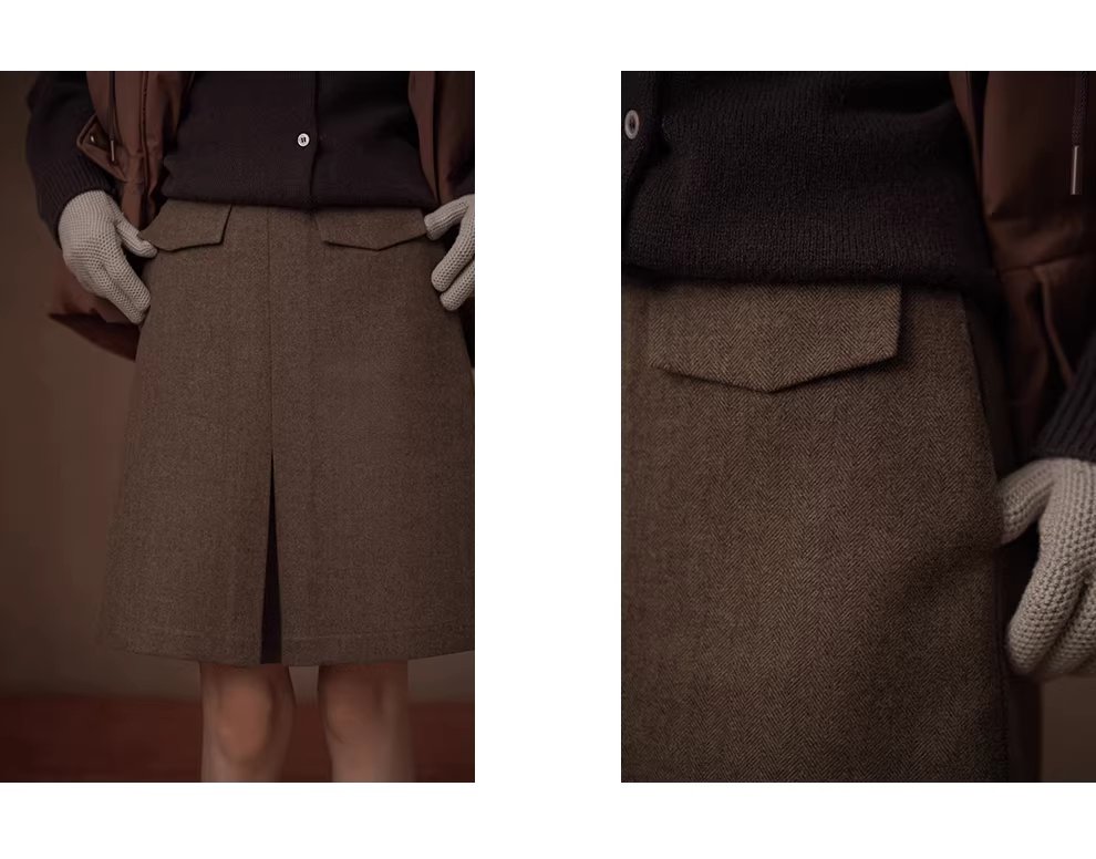 復古少女感綿羊毛混紡挺括呢料靈動褶襉高腰顯瘦半身裙,復古少女感綿羊毛混紡挺括呢料靈動褶襉高腰顯瘦半身裙,HBEW2042,復古少女感綿羊毛混紡挺括呢料靈動褶襉高腰顯瘦半身裙,口袋造型,羊毛混紡