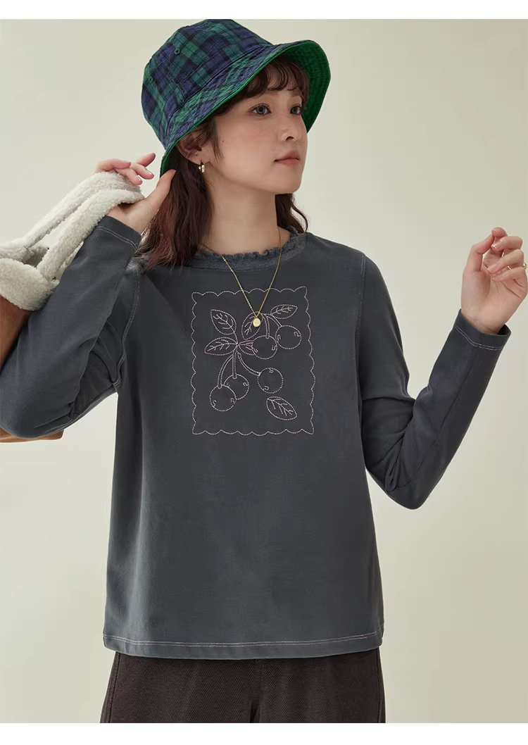 設計感磨毛繡花厚T恤女冬新款花邊圓領長袖上衣,設計感磨毛繡花厚T恤女冬新款花邊圓領長袖上衣,HBEW1184,設計感磨毛繡花厚T恤女冬新款花邊圓領長袖上衣,刺繡細節,磨毛面料