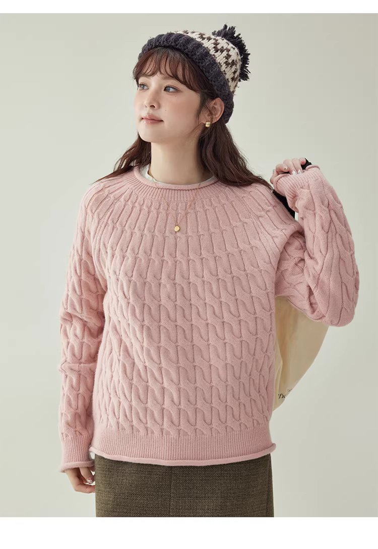 粉紅扭花捲邊長袖毛衣女25冬季新款甜美圓領上衣,粉紅扭花捲邊長袖毛衣女25冬季新款甜美圓領上衣,HBEW1188,粉紅扭花捲邊長袖毛衣女25冬季新款甜美圓領上衣,捲邊衣襬,扭花針織