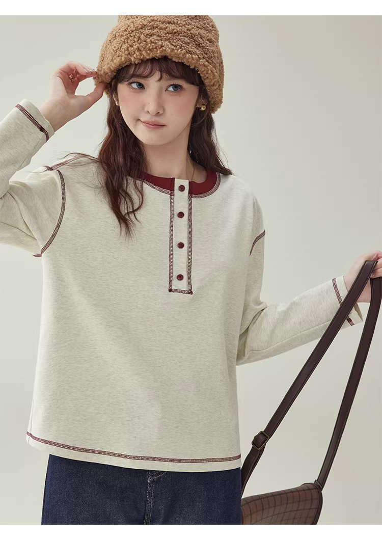 撞色反線落肩袖T恤女冬季新款半開扣圓領上衣,撞色反線落肩袖T恤女冬季新款半開扣圓領上衣,HBEW1192,撞色反線落肩袖T恤女冬季新款半開扣圓領上衣,半開排扣,舒適面料