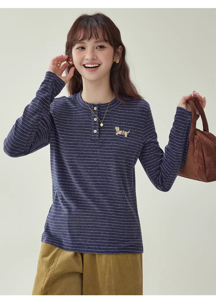 色織絨感繡花條紋T恤女冬新款寬鬆長袖內搭上衣,色織絨感繡花條紋T恤女冬新款寬鬆長袖內搭上衣,HBEW1194,色織絨感繡花條紋T恤女冬新款寬鬆長袖內搭上衣,條紋造型,絨感面料