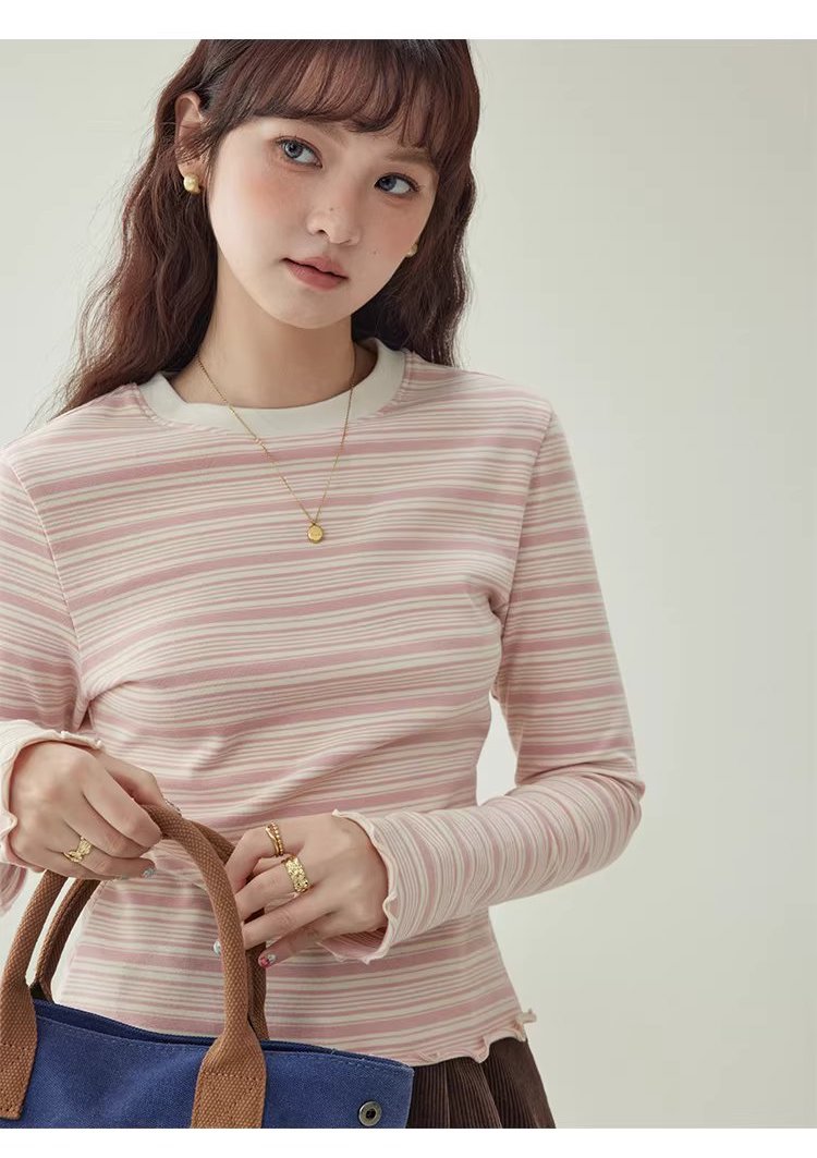 粉紅條紋花邊喇叭袖T恤女冬季新款修身內搭上衣,粉紅條紋花邊喇叭袖T恤女冬季新款修身內搭上衣,HBEW1195,粉紅條紋花邊喇叭袖T恤女冬季新款修身內搭上衣,橫紋設計,修身版型