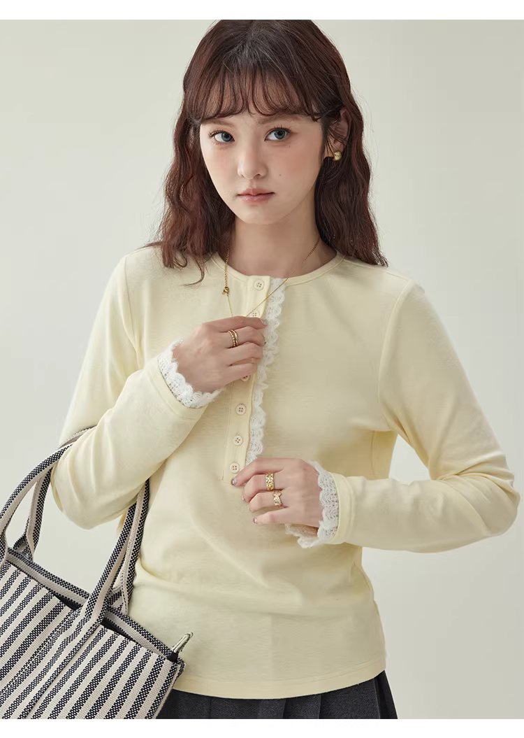 蕾絲拼接半開扣T恤女冬季新款純色打底長袖上衣,蕾絲拼接半開扣T恤女冬季新款純色打底長袖上衣,HBEW1199,蕾絲拼接半開扣T恤女冬季新款純色打底長袖上衣,蕾絲拼接,修身版型