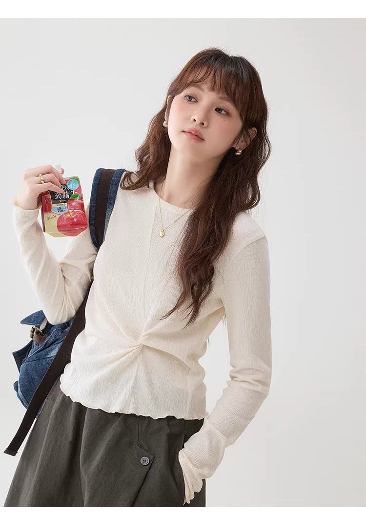 肌理感純色扭結修身T恤女春季新款蕾絲長袖上衣,肌理感純色扭結修身T恤女春季新款蕾絲長袖上衣,HBFS1002,肌理感純色扭結修身T恤女春季新款蕾絲長袖上衣,扭結設計,舒適面料