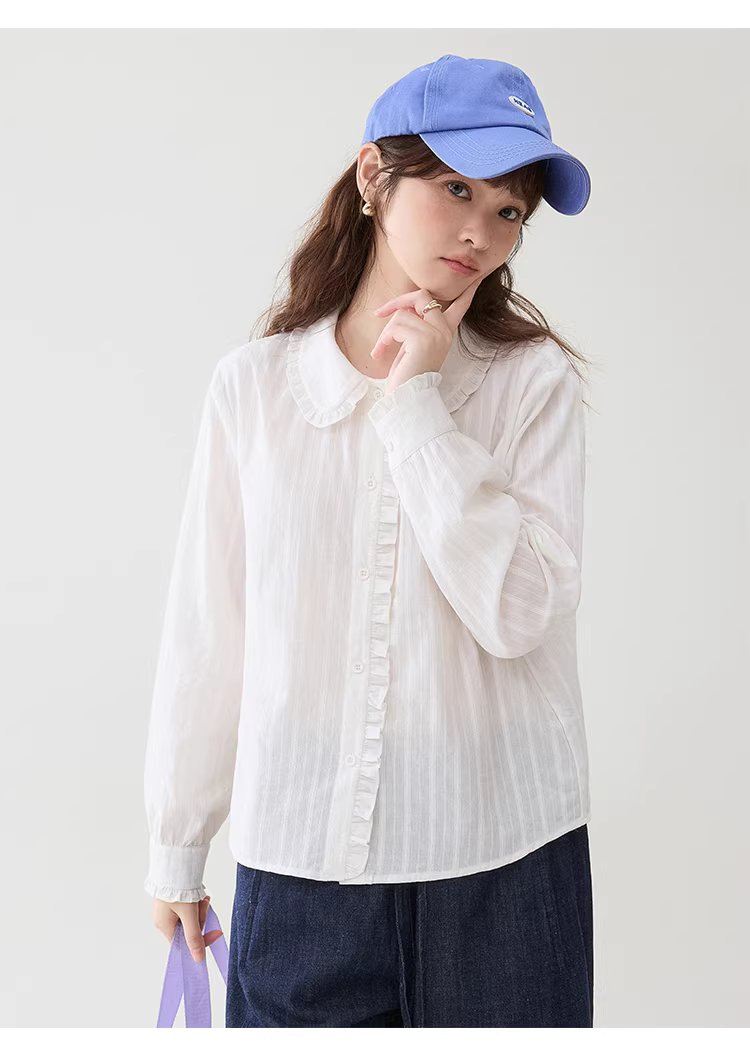 肌理感木耳邊娃娃領襯衫女春季新款純棉長袖上衣,肌理感木耳邊娃娃領襯衫女春季新款純棉長袖上衣,HBFS1003,肌理感木耳邊娃娃領襯衫女春季新款純棉長袖上衣,娃娃領,全棉面料