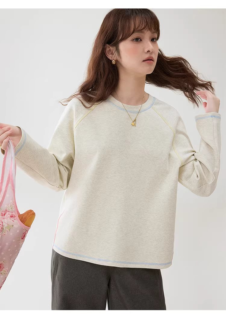 撞色反線長絨棉T恤女春季新款寬鬆插肩袖上衣,撞色反線長絨棉T恤女春季新款寬鬆插肩袖上衣,HBFS1009,撞色反線長絨棉T恤女春季新款寬鬆插肩袖上衣,撞色車線,花灰面料