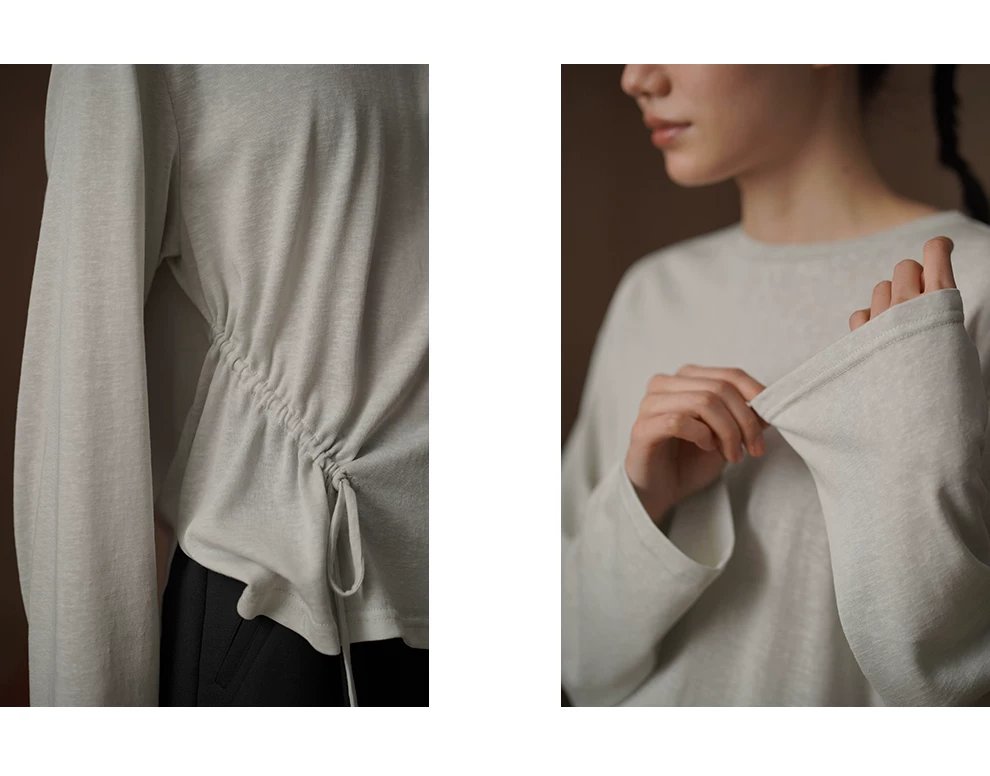 桑蠶絲亞麻棉清透涼爽下擺抽繩圓領寬鬆顯瘦長袖上衣女,桑蠶絲亞麻棉清透涼爽下擺抽繩圓領寬鬆顯瘦長袖上衣女,HBFS1020,桑蠶絲亞麻棉清透涼爽下擺抽繩圓領寬鬆顯瘦長袖上衣女,面料細緻,側縫抽褶