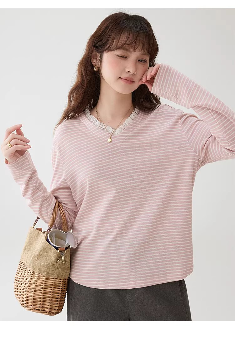 甜美粉紅條紋花邊v領T恤女春季新款寬鬆長袖上衣,甜美粉紅條紋花邊v領T恤女春季新款寬鬆長袖上衣,HBFS1028,甜美粉紅條紋花邊v領T恤女春季新款寬鬆長袖上衣,V領造型,蕾絲花邊