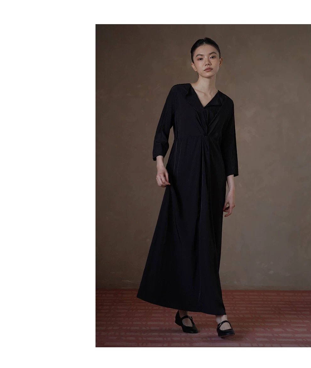 垂軟靈動藝術氛圍顯瘦遮肉扭結收腰V領長通勤洋裝,垂軟靈動藝術氛圍顯瘦遮肉扭結收腰V領長通勤洋裝,HBFS7011,垂軟靈動藝術氛圍顯瘦遮肉扭結收腰V領長通勤洋裝,面料啞光,簡約優雅