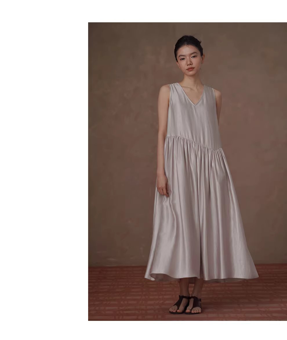 柔美少女粉紅月光垂軟顯瘦V領寬鬆無袖長A字背心洋裝,柔美少女粉紅月光垂軟顯瘦V領寬鬆無袖長A字背心洋裝,HBFS7015,柔美少女粉紅月光垂軟顯瘦V領寬鬆無袖長A字背心洋裝,細膩珠光,內搭疊穿