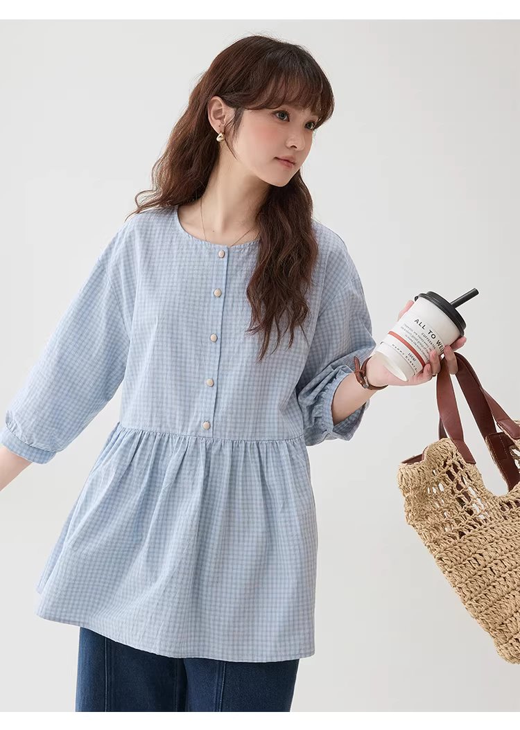 減齡八分袖純棉藍格襯衫女春新款寬鬆娃娃衫上衣,減齡八分袖純棉藍格襯衫女春新款寬鬆娃娃衫上衣,HBFS1039,減齡八分袖純棉藍格襯衫女春新款寬鬆娃娃衫上衣,清新格紋,全棉面料