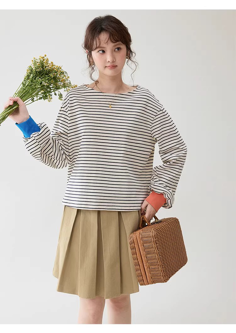 撞色條紋燈籠袖純棉T恤女春季新款寬鬆百搭上衣,撞色條紋燈籠袖純棉T恤女春季新款寬鬆百搭上衣,HBFS1042,撞色條紋燈籠袖純棉T恤女春季新款寬鬆百搭上衣,撞色拼接,全棉面料