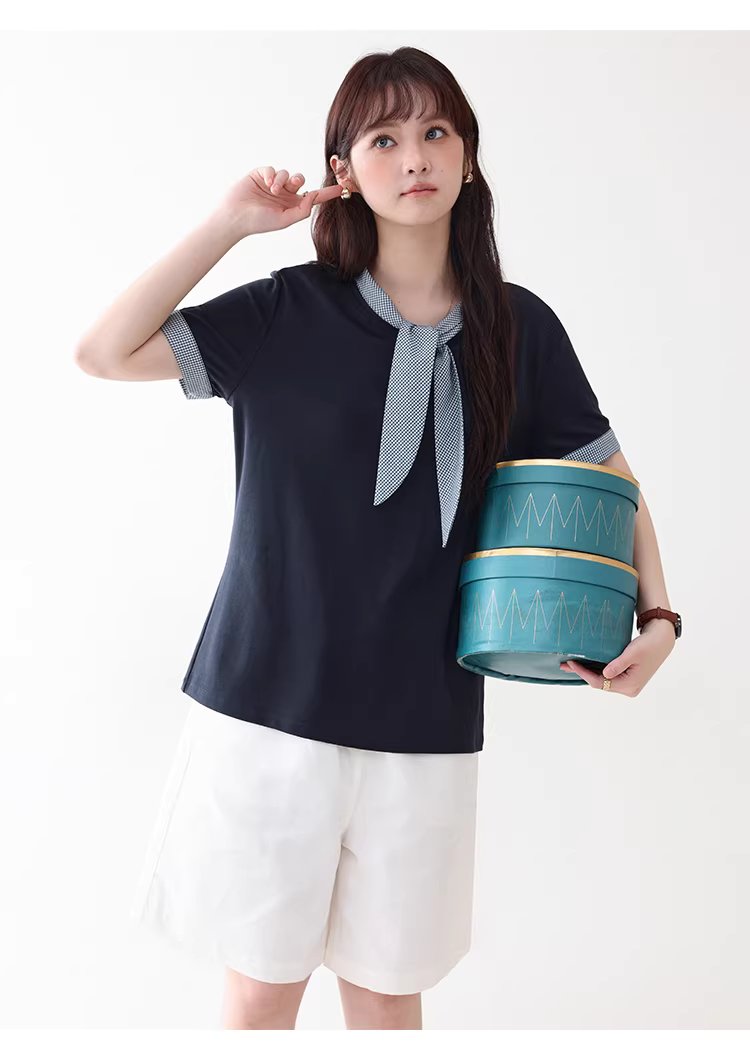 拼接格紋綁帶領短袖T恤女夏季新款時尚減齡上衣,拼接格紋綁帶領短袖T恤女夏季新款時尚減齡上衣,HBFS1053,拼接格紋綁帶領短袖T恤女夏季新款時尚減齡上衣,領結造型,舒適面料