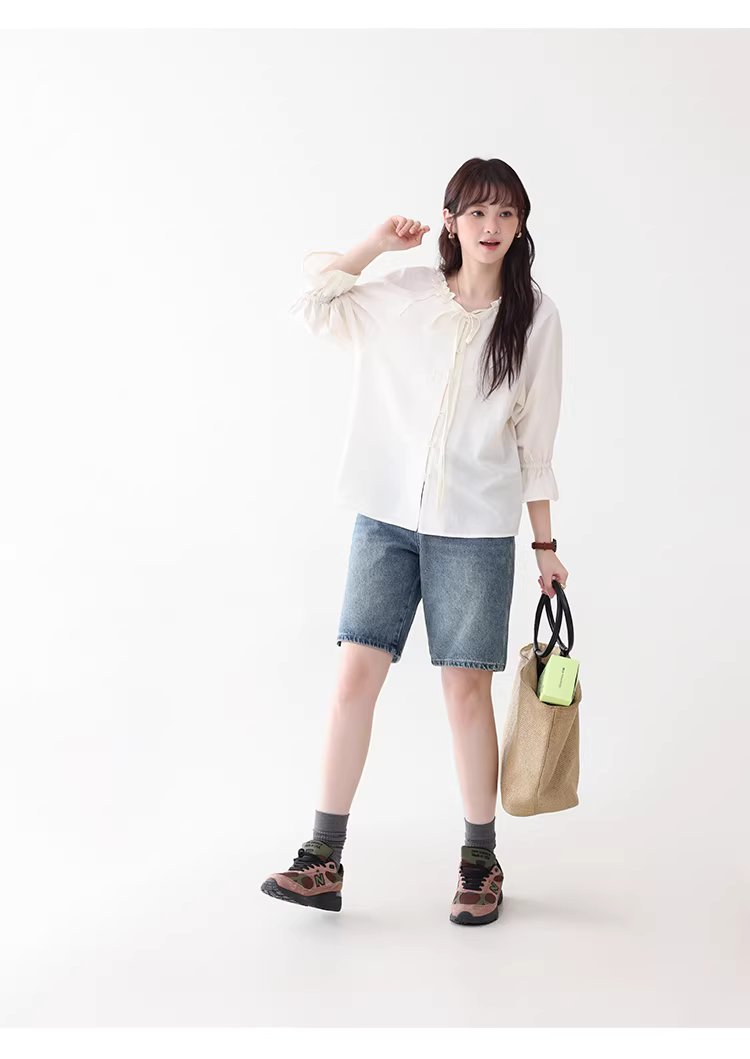 法式木耳邊綁帶V領襯衫女夏新款七分袖羈扣上衣,法式木耳邊綁帶V領襯衫女夏新款七分袖羈扣上衣,HBFS1055,法式木耳邊綁帶V領襯衫女夏新款七分袖羈扣上衣,法式甜美,木耳邊