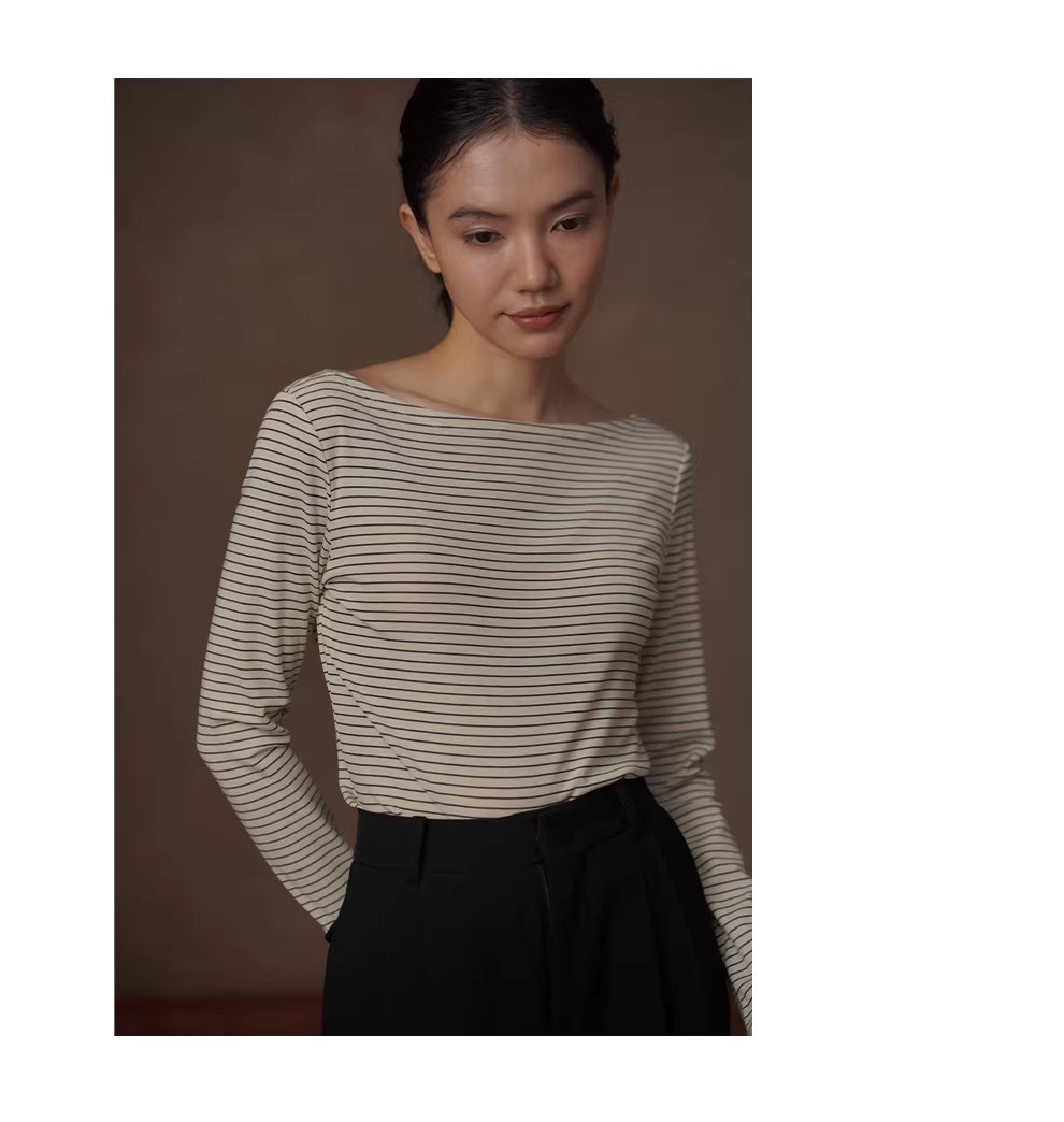 法式經典細條紋上衣氣質一字領正肩顯瘦長袖休閒百搭T恤,上衣,法式經典細條紋上衣氣質一字領正肩顯瘦長袖休閒百搭T恤,HBFS1065,法式經典細條紋上衣氣質一字領正肩顯瘦長袖休閒百搭T恤,彈性透氣