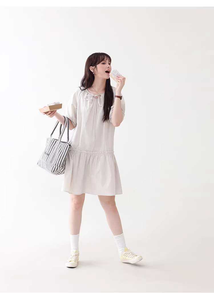 法式泡泡袖繫帶領洋裝女夏新款純棉木耳邊短裙,法式泡泡袖繫帶領洋裝女夏新款純棉木耳邊短裙,HBFS7032,法式泡泡袖繫帶領洋裝女夏新款純棉木耳邊短裙,領口繫繩,全棉面料