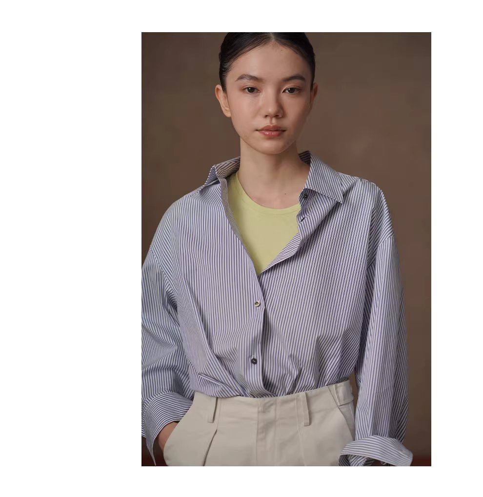 清新法式藍白條紋親膚棉感通勤寬鬆顯瘦疊穿翻領襯衫女,清新法式藍白條紋親膚棉感通勤寬鬆顯瘦疊穿翻領襯衫女,HBFS1093,清新法式藍白條紋親膚棉感通勤寬鬆顯瘦疊穿翻領襯衫女,親敷不易皺,版型俐落