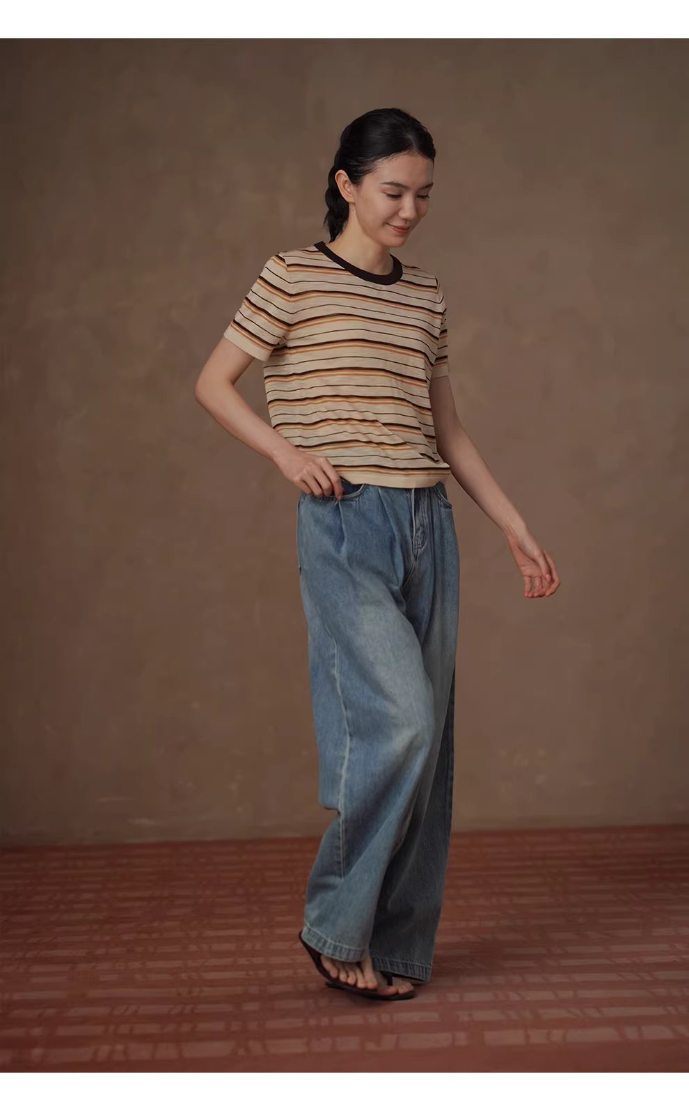 沙灘條紋超爽竹節麻紗線撞色圓領短袖寬鬆顯瘦針織上衣,沙灘條紋超爽竹節麻紗線撞色圓領短袖寬鬆顯瘦針織上衣,HBFS1095,沙灘條紋超爽竹節麻紗線撞色圓領短袖寬鬆顯瘦針織上衣,舒適清爽,撞色領口