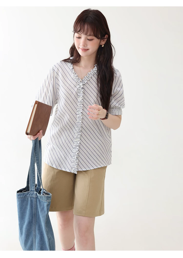藍條紋v領木耳邊襯衫女夏季新款純棉五分袖上衣,藍條紋v領木耳邊襯衫女夏季新款純棉五分袖上衣,HBFS1098,藍條紋v領木耳邊襯衫女夏季新款純棉五分袖上衣,荷葉邊領,全棉面料