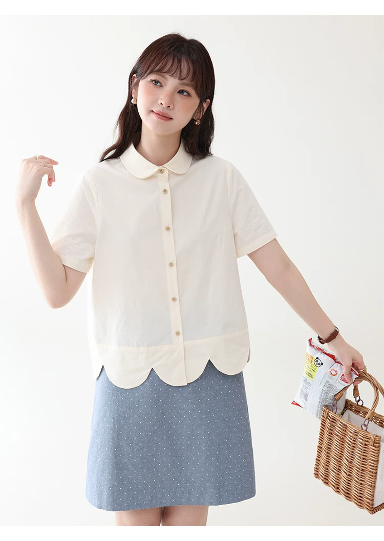 設計感波浪下擺純棉襯衫女夏新款減齡娃娃領上衣,設計感波浪下擺純棉襯衫女夏新款減齡娃娃領上衣,HBFS1112,設計感波浪下擺純棉襯衫女夏新款減齡娃娃領上衣,花邊衣襬,全棉面料