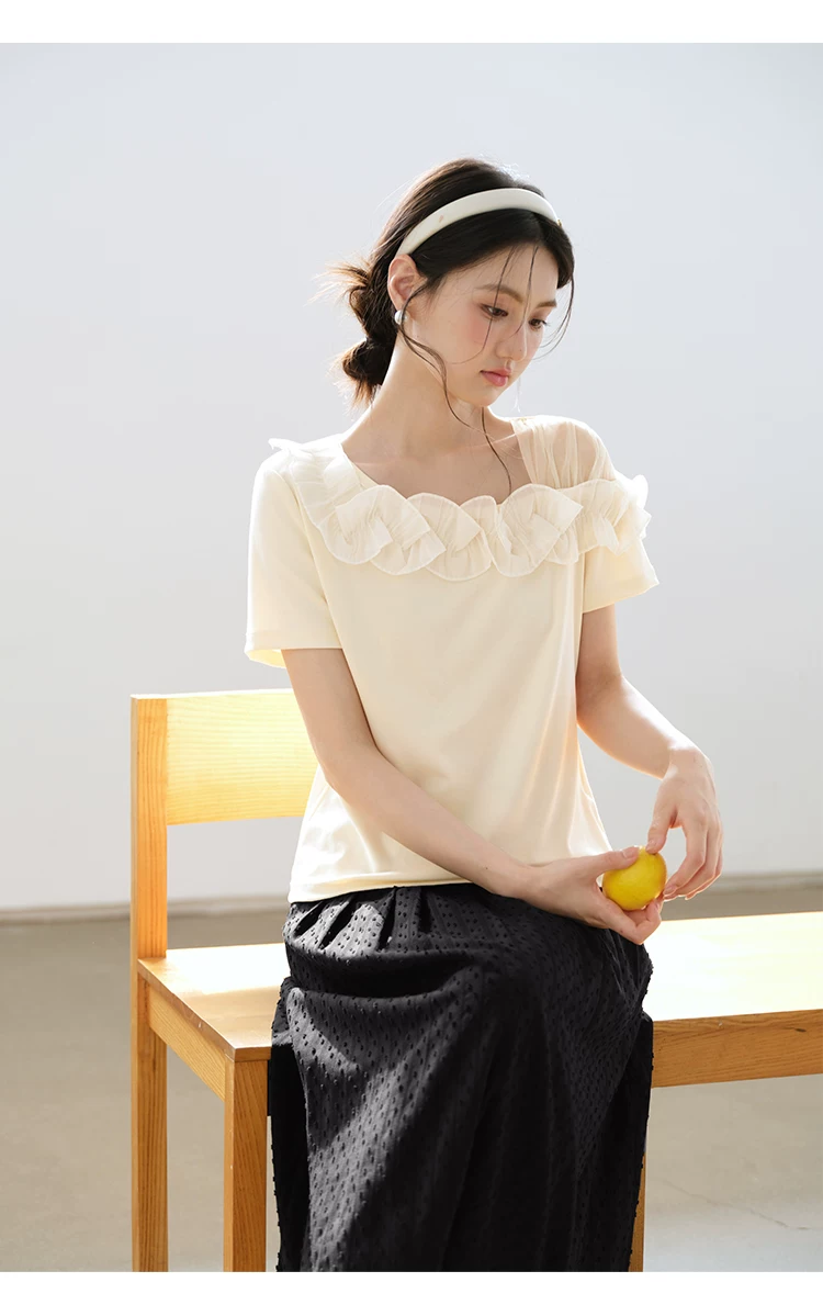 大尺碼荷葉邊斜領短袖T恤女2026新款夏網紗拼接漂亮露肩上衣,大尺碼荷葉邊斜領短袖T恤女2026新款夏網紗拼接漂亮露肩上衣,HBFS1170,大尺碼荷葉邊斜領短袖T恤女2026新款夏網紗拼接漂亮露肩上衣,荷葉斜領,質感單品