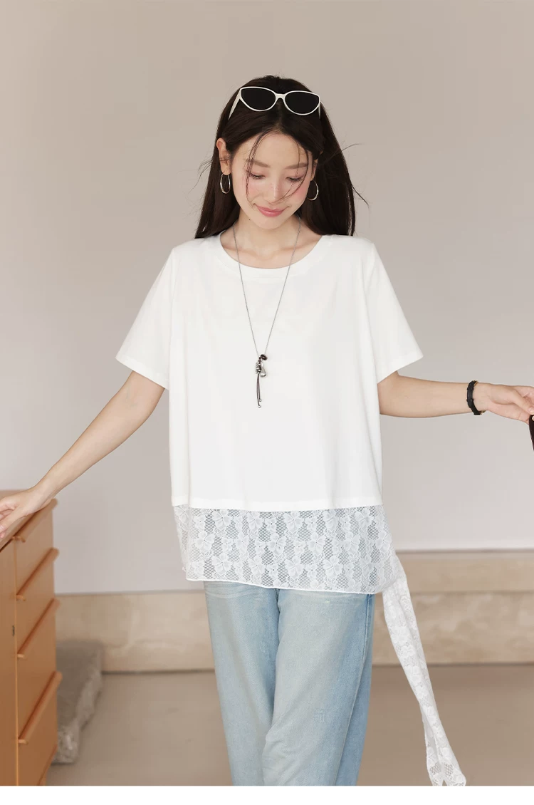 大尺碼胖mm寬鬆白色短袖T恤女2026新款夏季蕾絲拼接綁帶上衣,大尺碼胖mm寬鬆白色短袖T恤女2026新款夏季蕾絲拼接綁帶上衣,HBFS1247,大尺碼胖mm寬鬆白色短袖T恤女2026新款夏季蕾絲拼接綁帶上衣,中大尺碼,蕾絲拼接