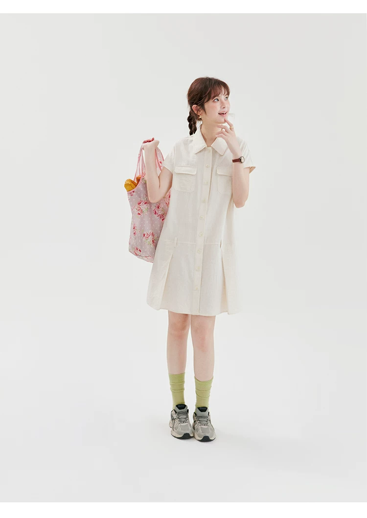工裝感翻領壓褶洋裝女夏季新款減齡寬鬆短裙子,工裝感翻領壓褶洋裝女夏季新款減齡寬鬆短裙子,HBFS7145,工裝感翻領壓褶洋裝女夏季新款減齡寬鬆短裙子,工裝造型,壓褶細節