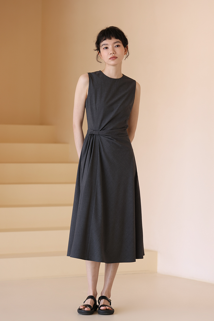 氣質女主高腰線扭結通勤瘦身遮肉連身裙洋裝,長洋裝,洋裝,無袖,輕甜,高雅