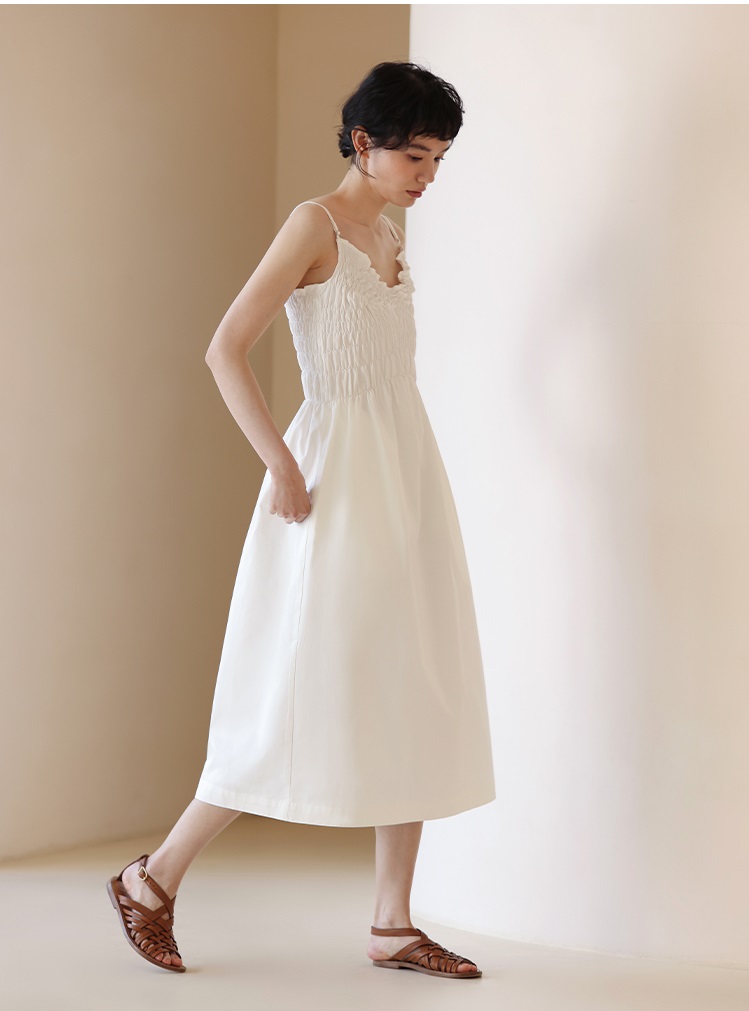 少女心事減齡重工打攬設計內搭吊帶百搭連身裙洋裝,長洋裝,輕奢,百搭,白色,法式甜美